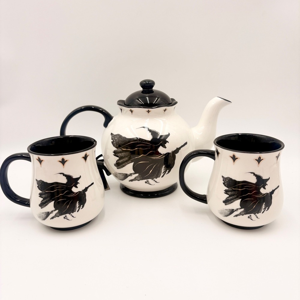 Potters Studio Spooky Night Witch Teapot and Mug Set Halloween Ceramic Gold 3pc